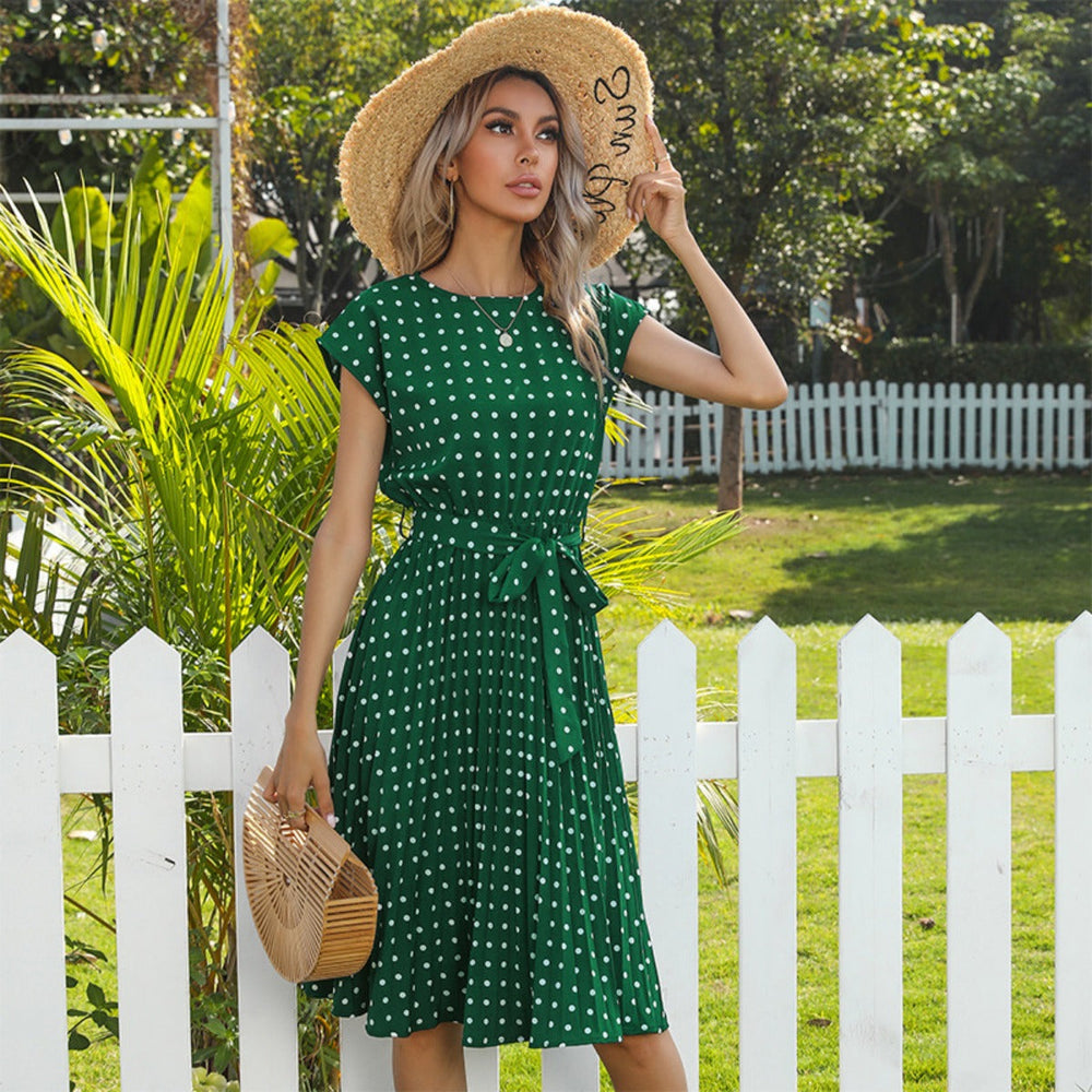 Kurzärmeliges Polka Dot Plissee-Kleid