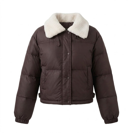 Damen kurze gepolsterte Pufferjacke mit Teddy-Kragen, verdeckter Druckknopfblende und Isolierung für Reisen