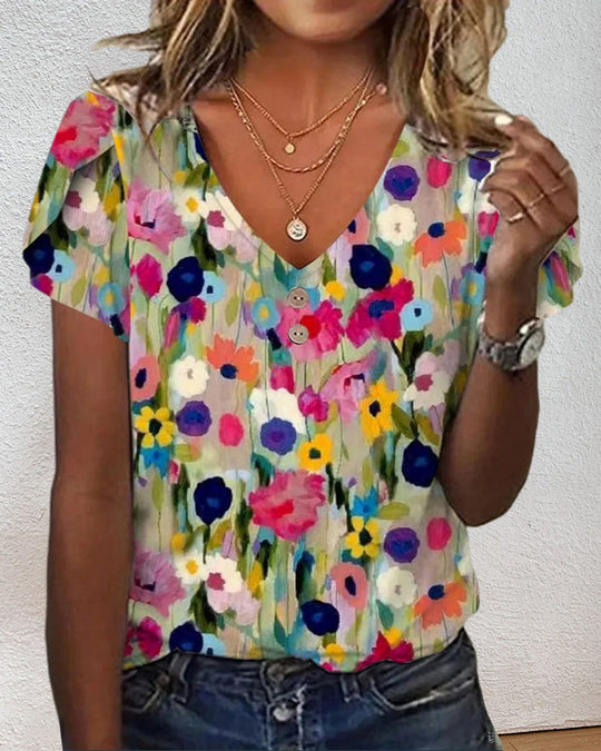 Shopnory | Kurzärmlige Farbenfrohe Blumenbluse mit V-Ausschnitt