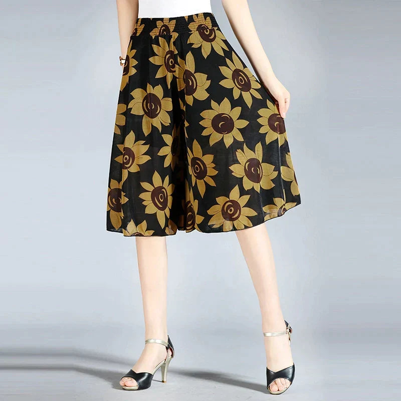 Damen Chiffon Culottes mit Breiten Beinen und Hoher Elastischer Taille