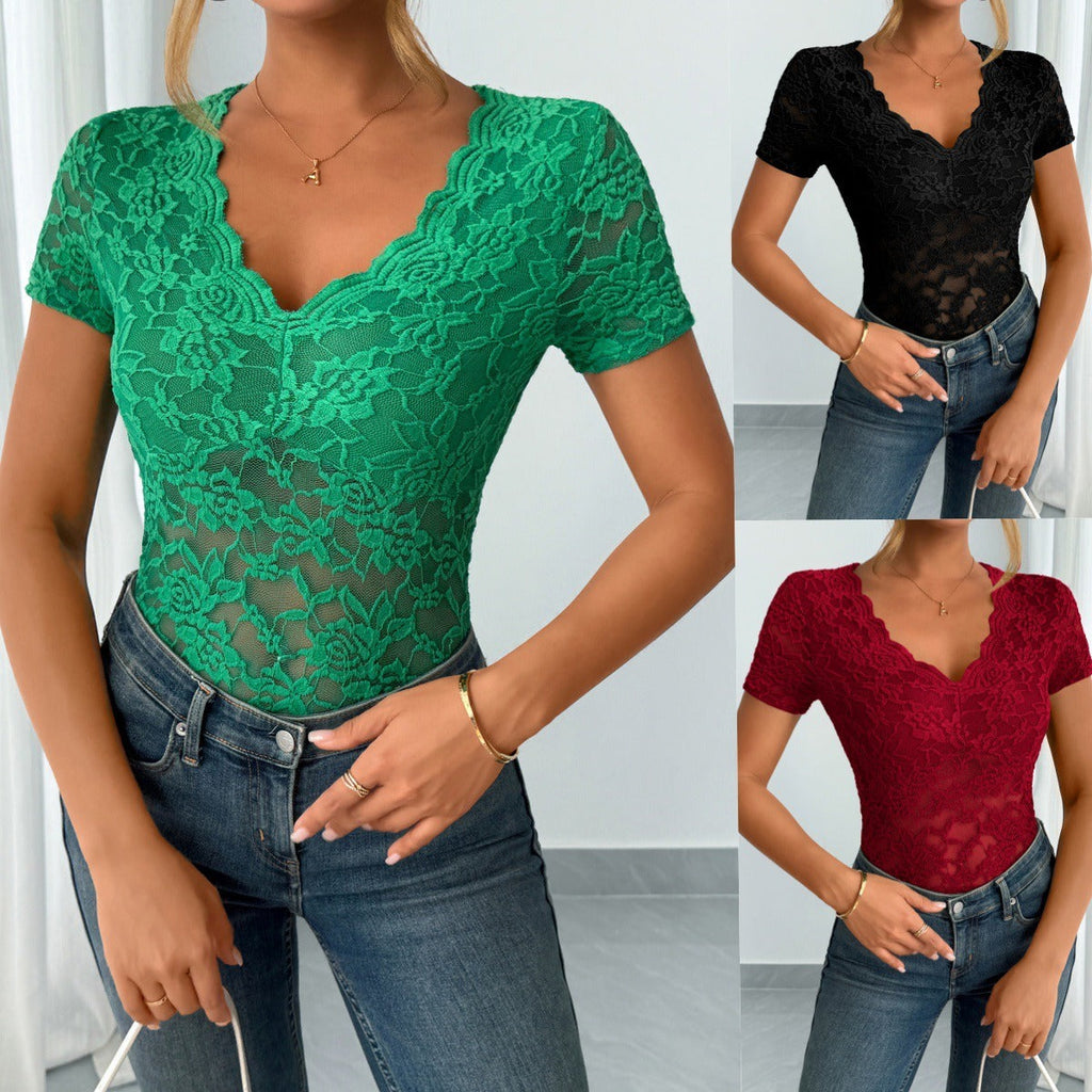 Damen Einfarbig Sexy Spitze V-Ausschnitt Kurzarm