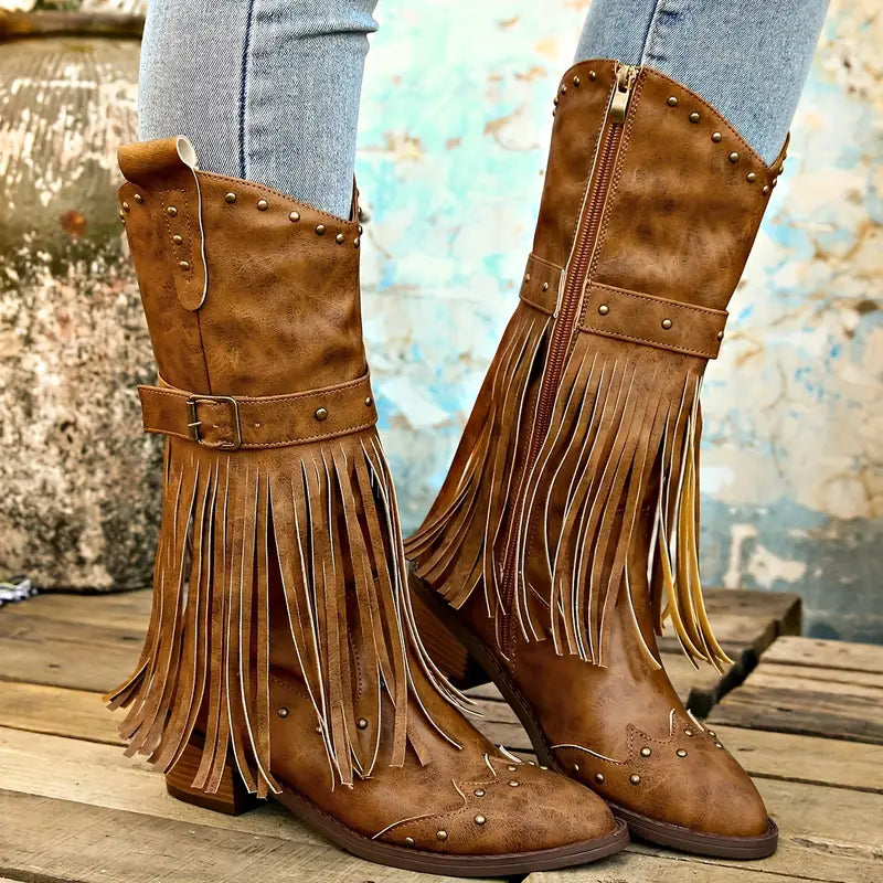 Quasten Bedeckte Damenstiefel mit Blockabsatz