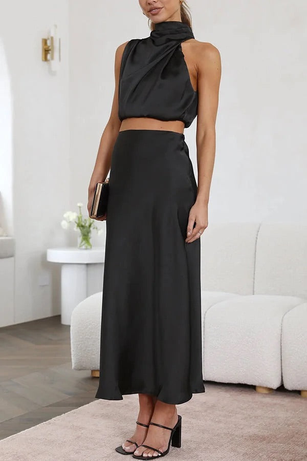 Solch Eine Stimmung Hochgeschlossene Satin Drapiert Maxirock Set