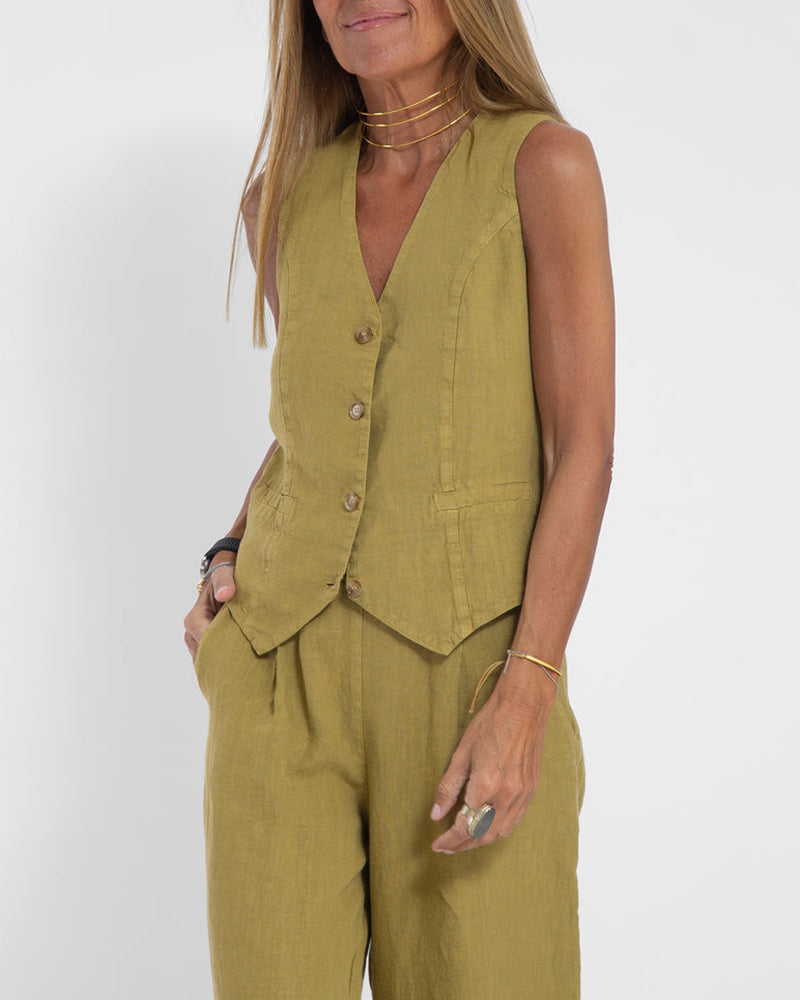 Elegantes 2-Teiliges Set Leinen Weite Hose & Weste