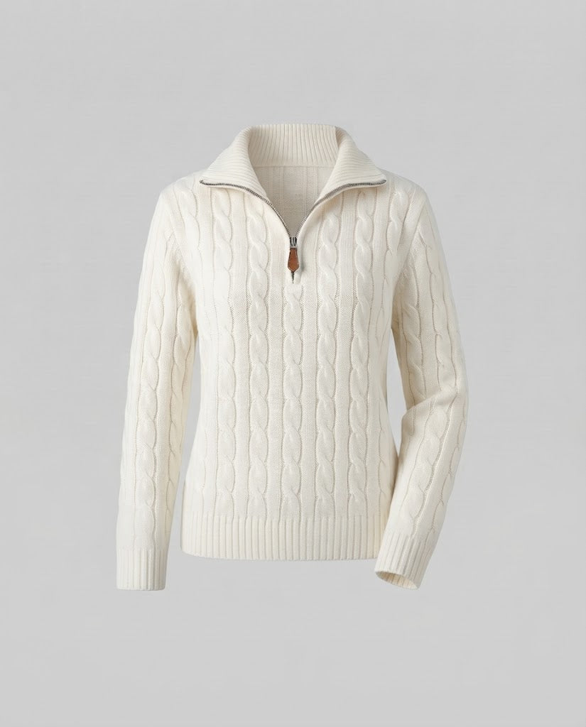 Damen Kabelstrick-Pullover mit halbem Reißverschluss und Stehkragen Shop Nory