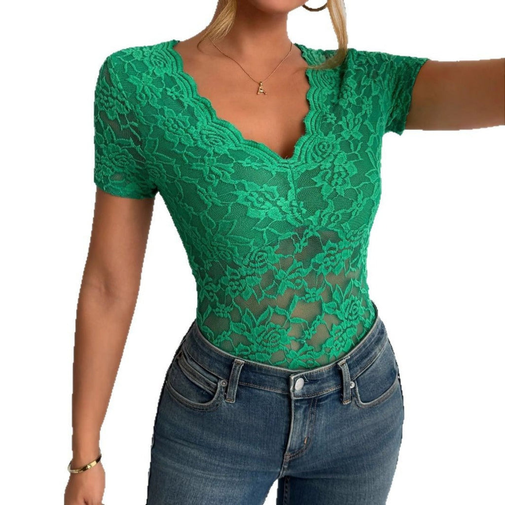 Damen Einfarbig Sexy Spitze V-Ausschnitt Kurzarm