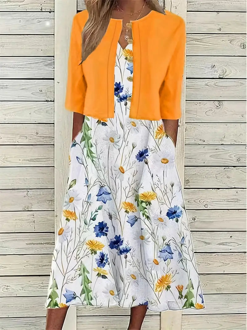 Shopnory – elegantes zweiteiliges blumenkleid-set mit einfarbigem crop-top und kleid mit rundhalsausschnitt