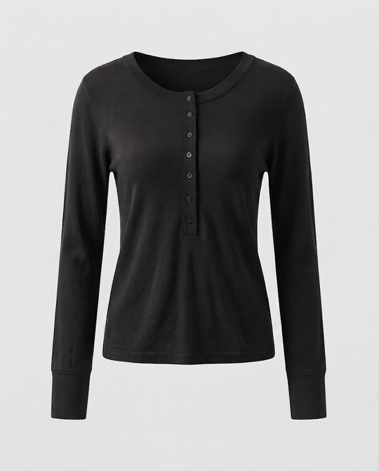 Damen Feines Langarm-Henley aus Feinstrick mit knöpfbarer Mittelblende und schmaler Passform Shop Nory