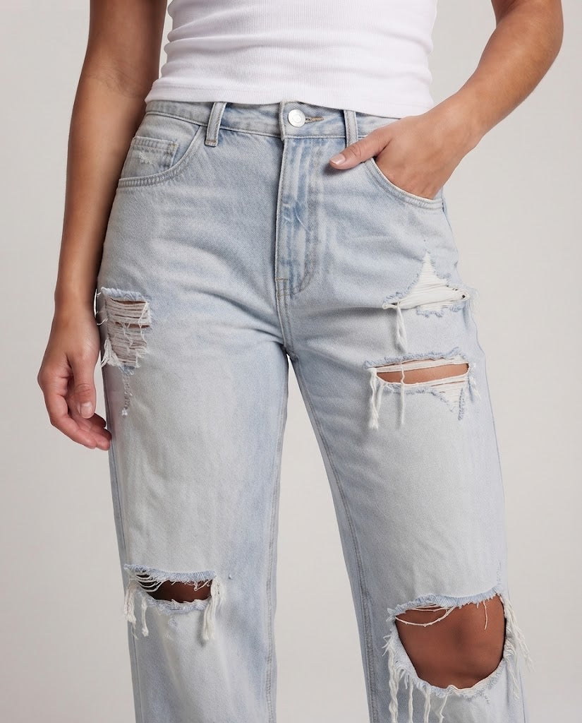 Damen Weite Distressed-Jeans mit hoher Taille und großen Rissen Shop Nory