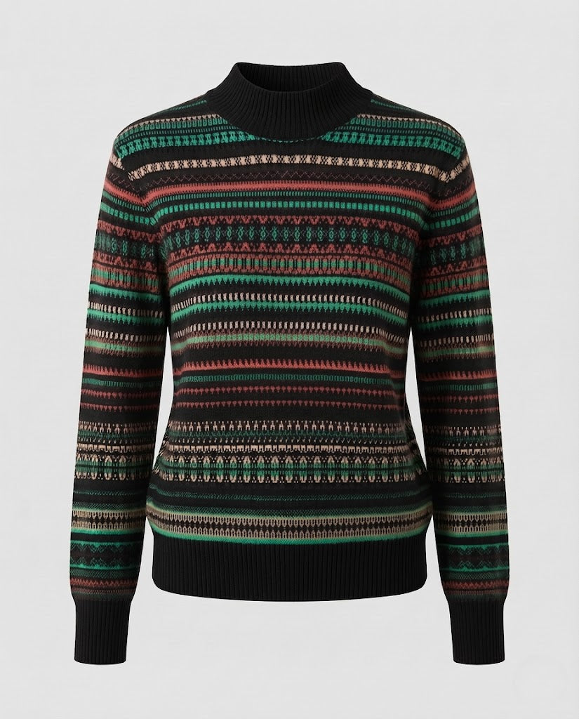 Damen Jacquard-Feinstrickpullover mit kurzem Stehkragen, kastiger Silhouette und Multistreifen-Design Shop Nory