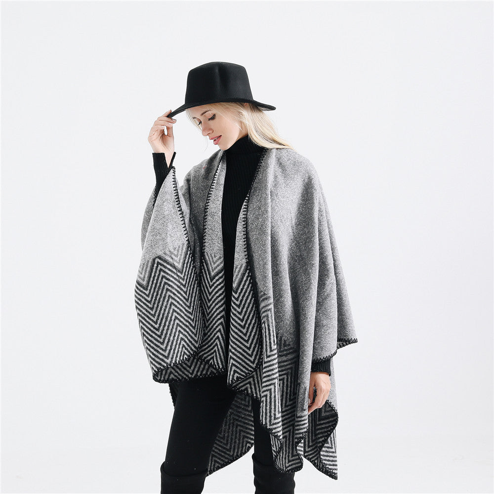 Damen Offener Ruana-Poncho im Oversize mit Chevron-Jacquard und Ziernaht Shop Nory