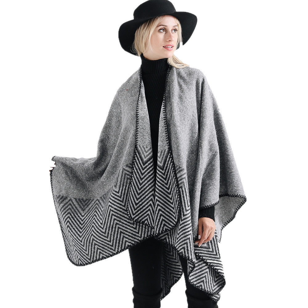 Damen Offener Ruana-Poncho im Oversize mit Chevron-Jacquard und Ziernaht Shop Nory
