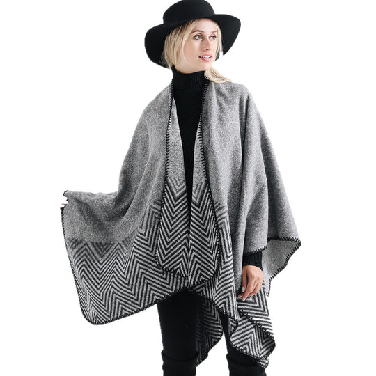 Damen Offener Ruana-Poncho im Oversize mit Chevron-Jacquard und Ziernaht Shop Nory