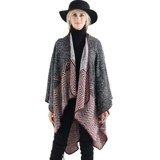 Damen Offener Ruana-Poncho im Oversize mit Chevron-Jacquard und Ziernaht Shop Nory