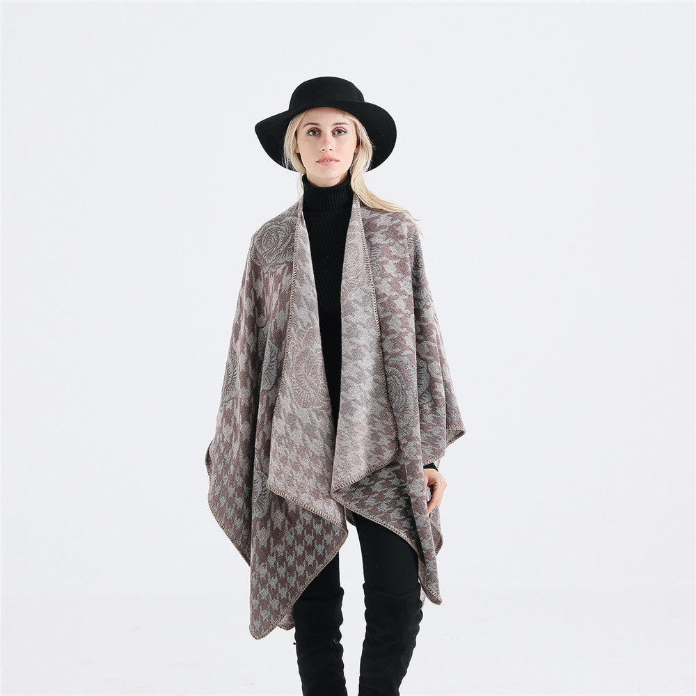 Damen Jacquard-Ruana mit Hahnentritt- und Rosenmotiv Shop Nory