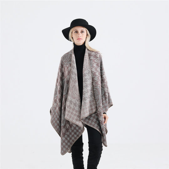 Damen Jacquard-Ruana mit Hahnentritt- und Rosenmotiv Shop Nory