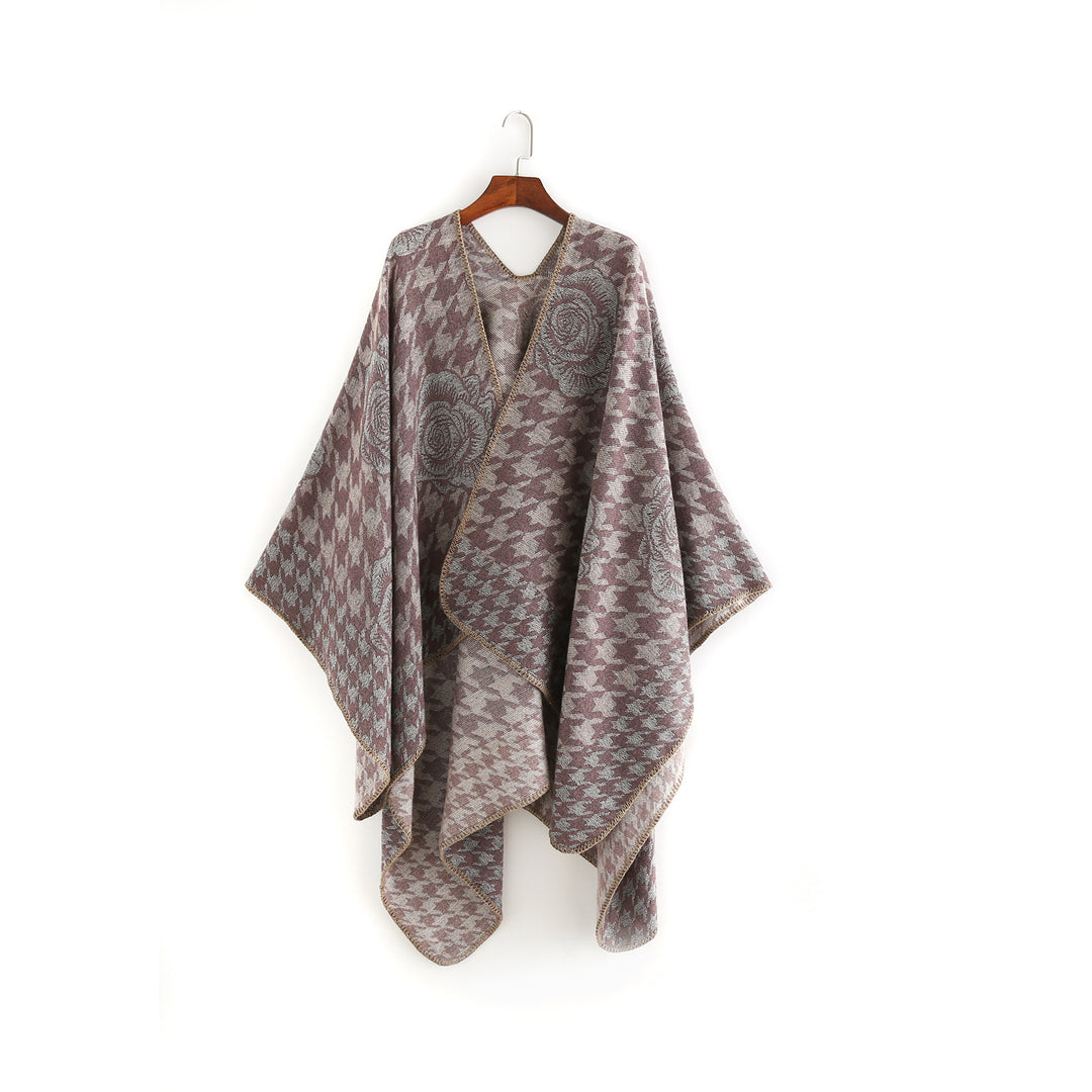 Damen Jacquard-Ruana mit Hahnentritt- und Rosenmotiv Shop Nory