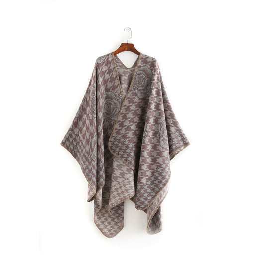 Damen Jacquard-Ruana mit Hahnentritt- und Rosenmotiv Shop Nory