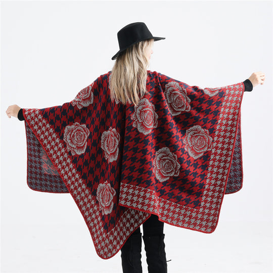 Damen Jacquard-Ruana mit Hahnentritt- und Rosenmotiv Shop Nory