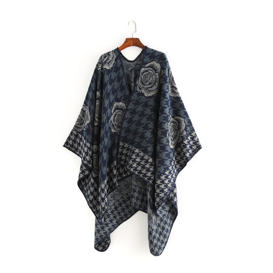 Damen Jacquard-Ruana mit Hahnentritt- und Rosenmotiv Shop Nory