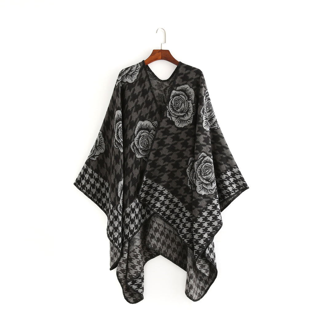 Damen Jacquard-Ruana mit Hahnentritt- und Rosenmotiv Shop Nory