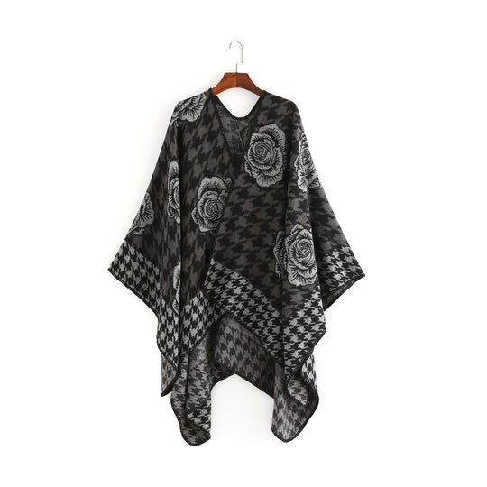Damen Jacquard-Ruana mit Hahnentritt- und Rosenmotiv Shop Nory