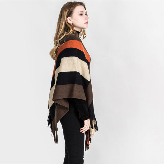 Damen Oversize‑Strickruana mit Fransensaum und diagonaler Blockstreifen‑Optik Shop Nory
