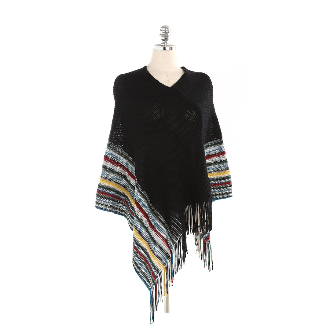 Damen Oversize-Strickruana mit Fransen und gestreifter Bordüre Shop Nory