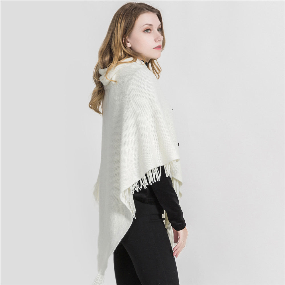 Damen Kapuzen-Poncho aus Feinstrick mit Hahnentritt-Jacquard und Fransensaum Shop Nory