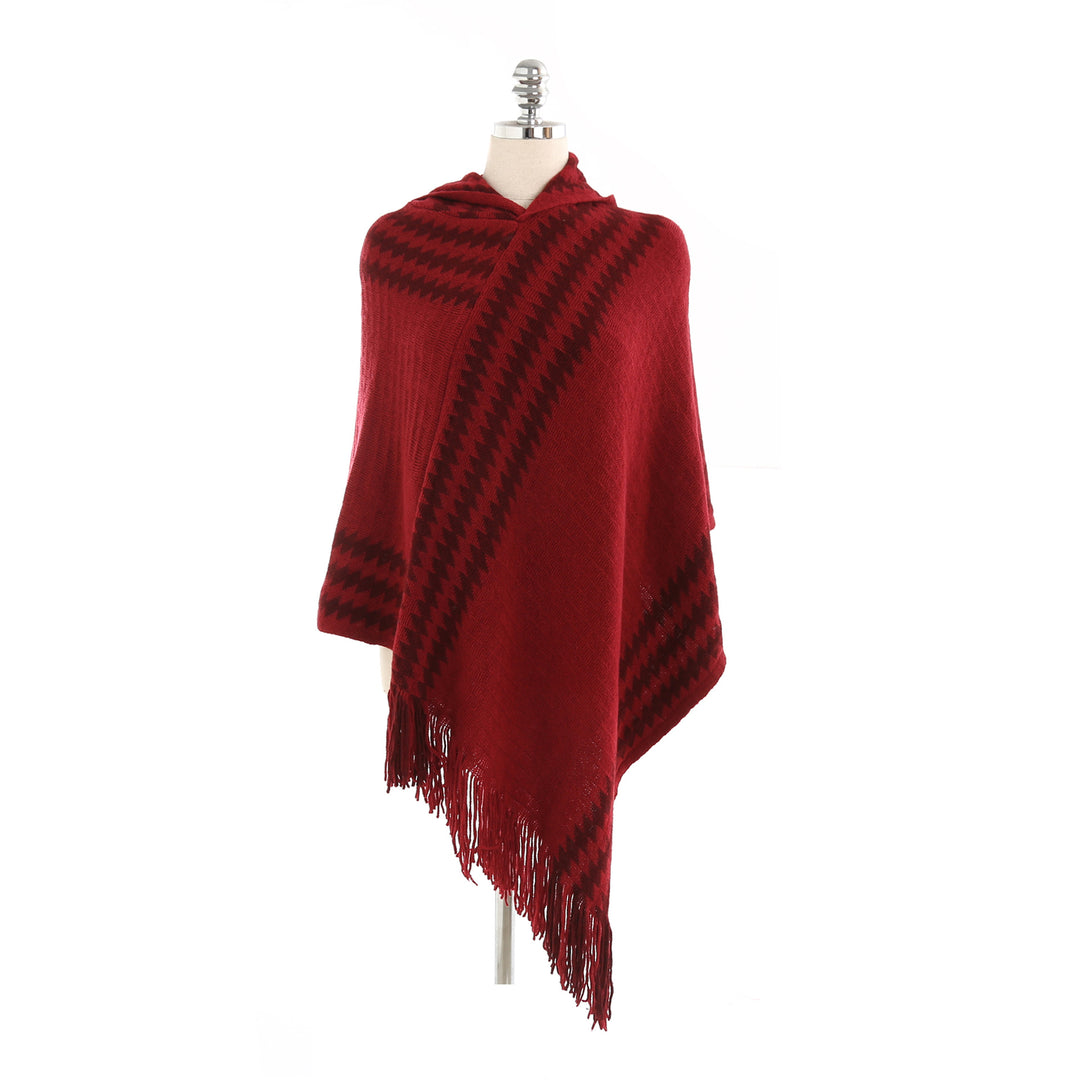 Damen Kapuzen-Poncho aus Feinstrick mit Hahnentritt-Jacquard und Fransensaum Shop Nory
