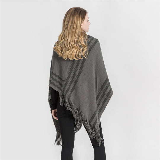 Damen Strick‑Kapuzencape im Hahnentritt‑Jacquard mit Fransensaum Shop Nory
