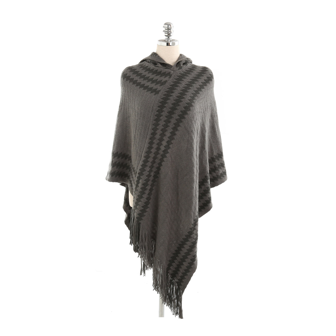 Damen Kapuzen-Poncho aus Feinstrick mit Hahnentritt-Jacquard und Fransensaum Shop Nory