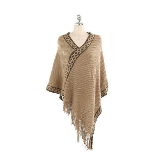 Damen V-Ausschnitt Ruana-Poncho mit geflochtener Bordüre und Fransen Shop Nory