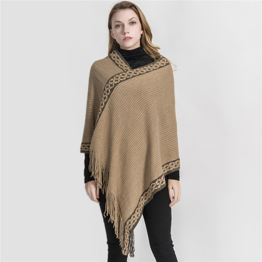 Damen V-Ausschnitt Ruana-Poncho mit geflochtener Bordüre und Fransen Shop Nory