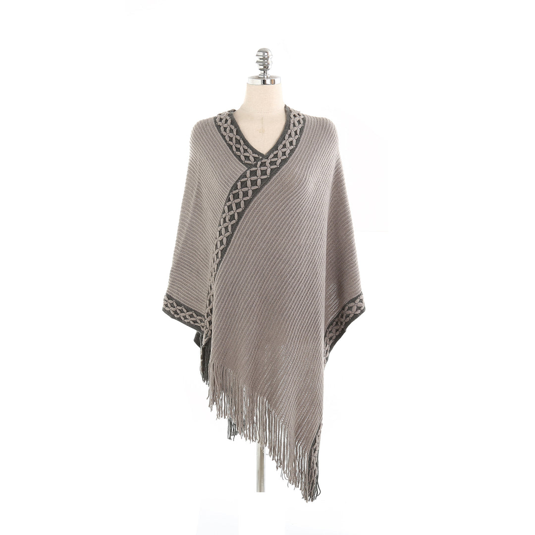 Damen V-Ausschnitt Ruana-Poncho mit geflochtener Bordüre und Fransen Shop Nory