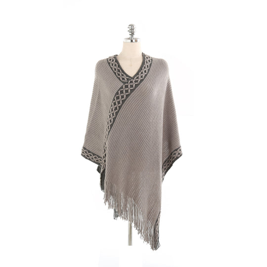 Damen V-Ausschnitt Ruana-Poncho mit geflochtener Bordüre und Fransen Shop Nory