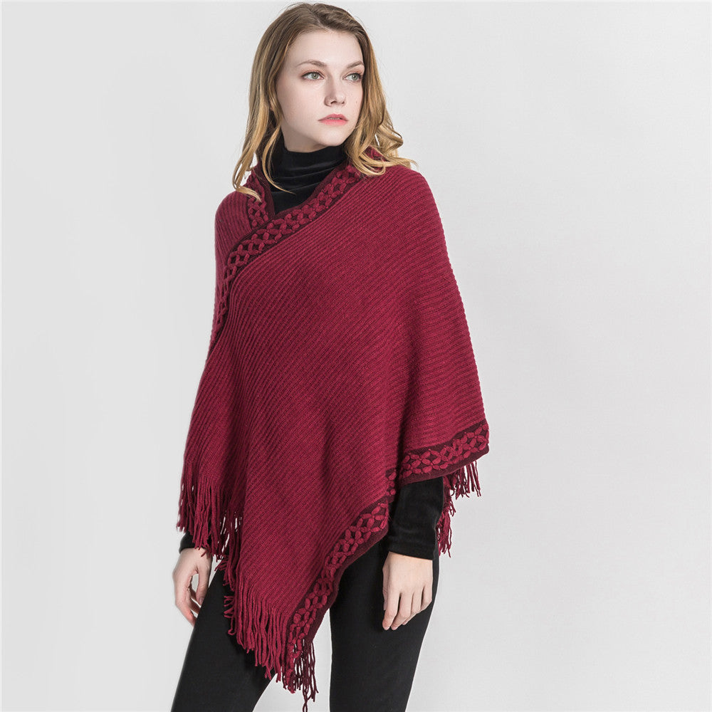 Damen V-Ausschnitt Ruana-Poncho mit geflochtener Bordüre und Fransen Shop Nory