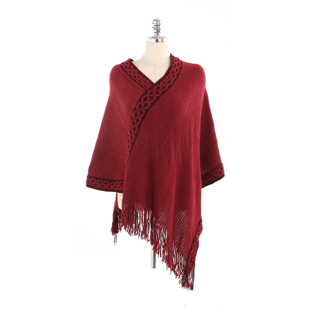 Damen V-Ausschnitt Ruana-Poncho mit geflochtener Bordüre und Fransen Shop Nory