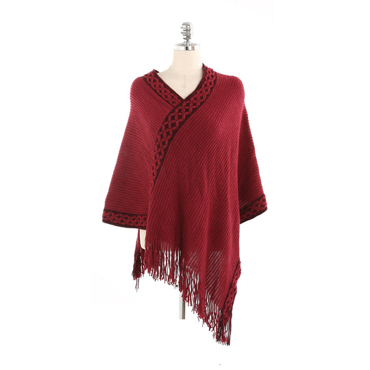 Damen V-Ausschnitt Ruana-Poncho mit geflochtener Bordüre und Fransen Shop Nory