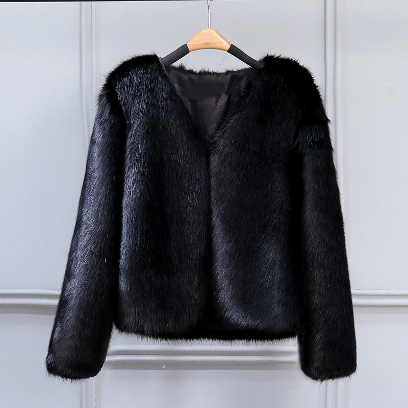 Damen Elegante Kunstfelljacke mit V-Ausschnitt und weichem Innenfutter