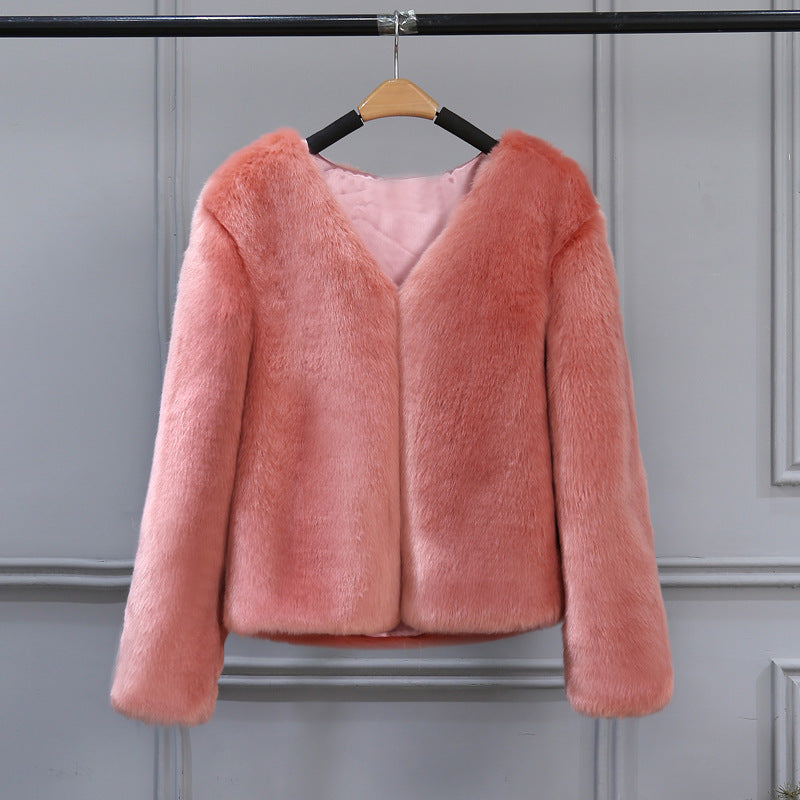 Damen Elegante Kunstfelljacke mit V-Ausschnitt und weichem Innenfutter
