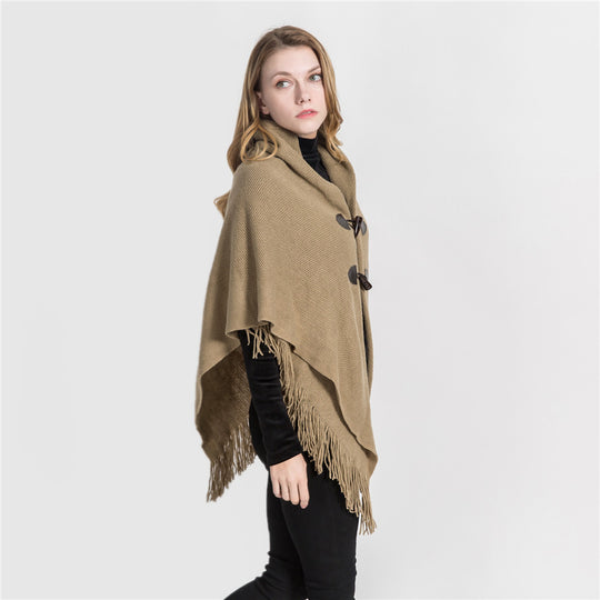 Damen Strick-Ruana-Poncho mit Schalkragen, Knebelverschlüssen und Fransensaum Shop Nory