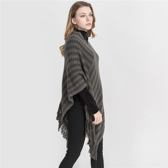 Damen Kaschmir‑Touch Ruana‑Poncho mit Zickzack‑Jacquard und Fransensaum Shop Nory