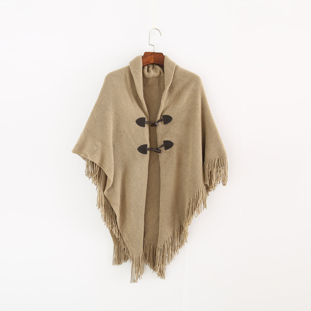Damen Strick-Ruana-Poncho mit Schalkragen, Knebelverschlüssen und Fransensaum Shop Nory