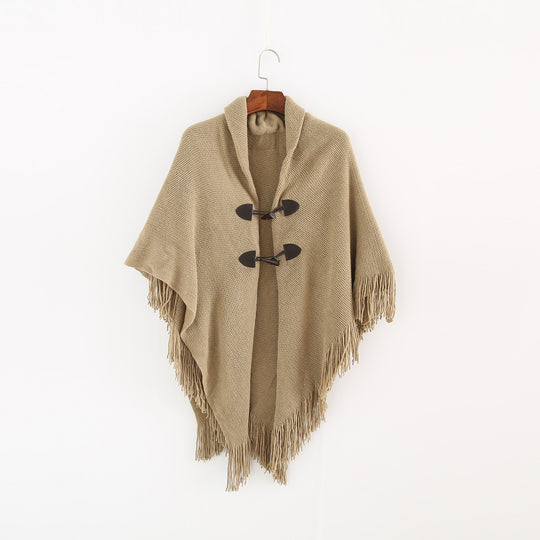 Damen Strick-Ruana-Poncho mit Schalkragen, Knebelverschlüssen und Fransensaum Shop Nory