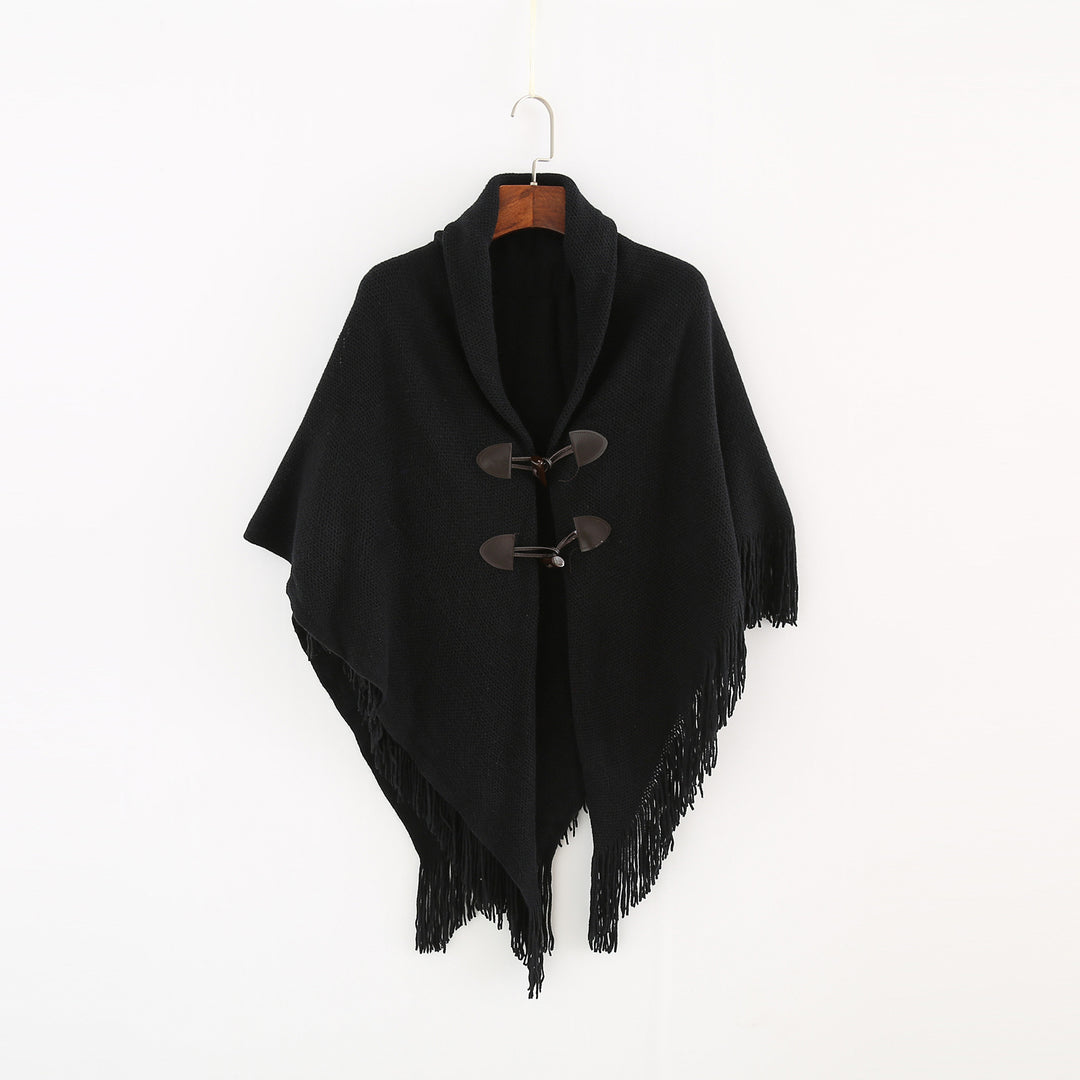 Damen Strick-Ruana-Poncho mit Schalkragen, Knebelverschlüssen und Fransensaum Shop Nory