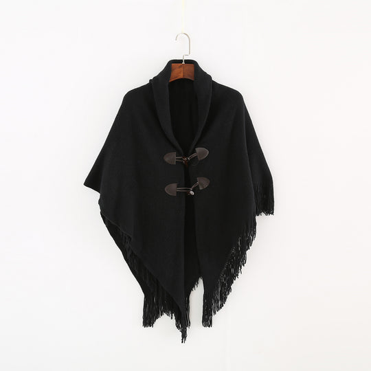 Damen Strick-Ruana-Poncho mit Schalkragen, Knebelverschlüssen und Fransensaum Shop Nory