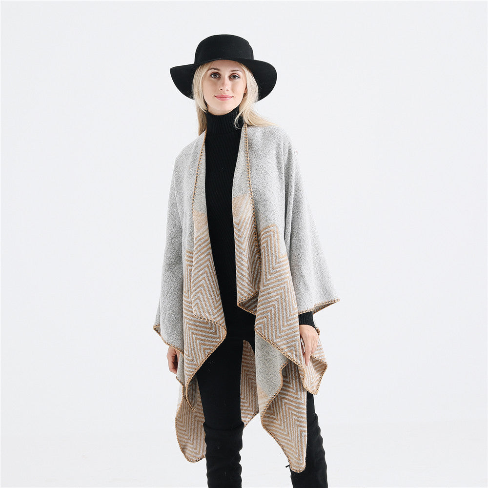 Damen Offener Ruana-Poncho im Oversize mit Chevron-Jacquard und Ziernaht Shop Nory