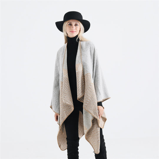 Damen Offener Ruana-Poncho im Oversize mit Chevron-Jacquard und Ziernaht Shop Nory