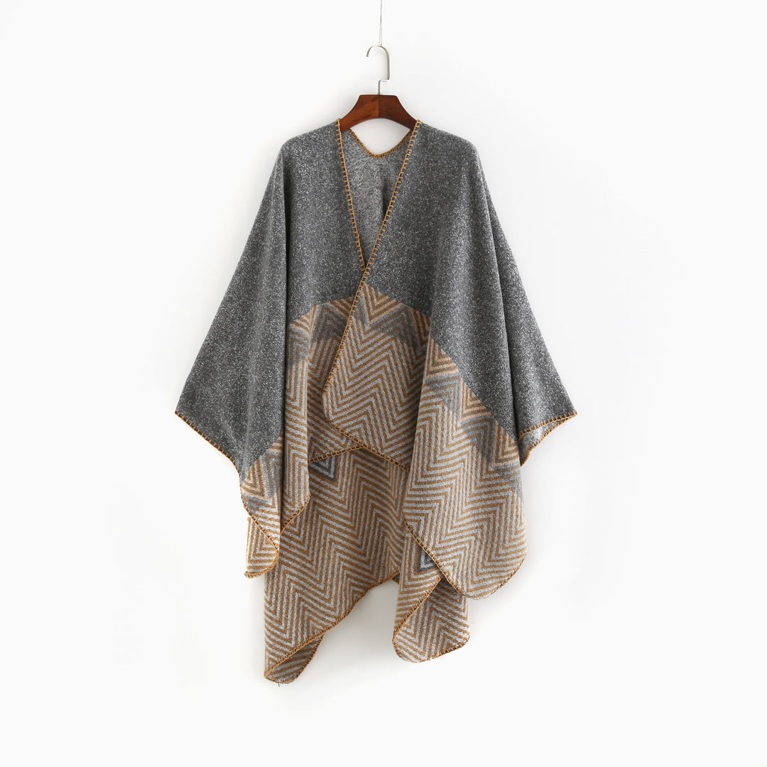 Damen Offener Ruana-Poncho im Oversize mit Chevron-Jacquard und Ziernaht Shop Nory